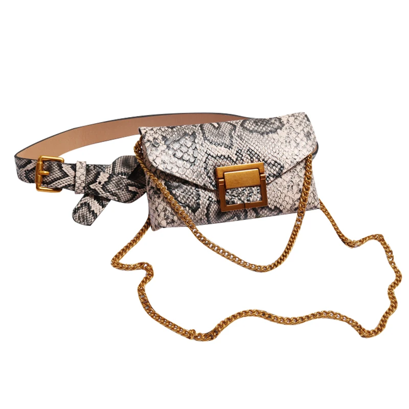 

Snake Print Waist Packs For Women Black Purses Business Hip Hop Punk Elegant Fanny Waist Bags Serpentine Thread Lock Chain Bags