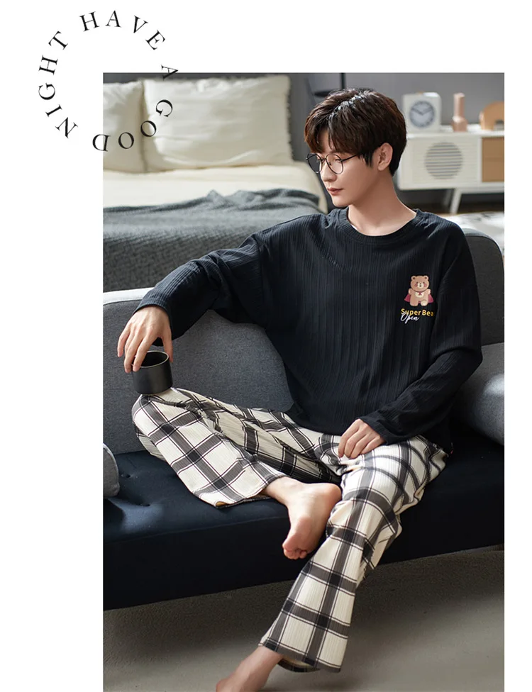 Men Autumn New Cotton Leisure Two Piece Suit Soft Comfortable Sleepwear Loose Casual Daily Lounge Pajamas Set Male Nightclothes mens pjs set