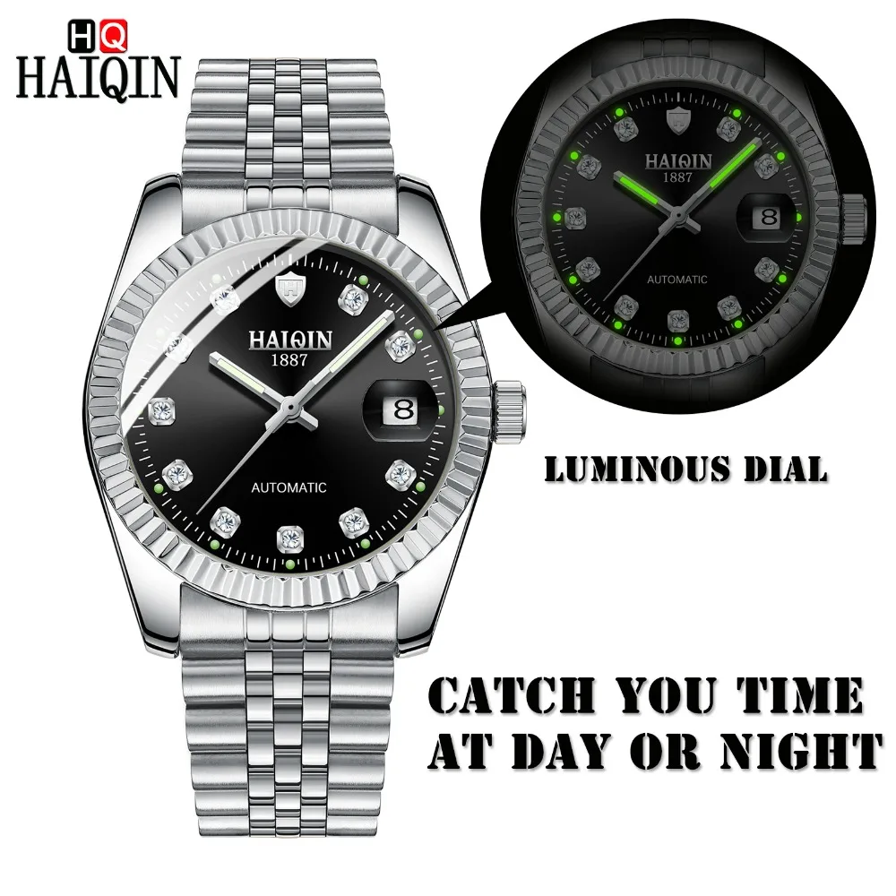 Najtaniej 2019 HAIQIN moda męska Casual mechaniczne zegarki wodoodporne 30M ze stali nierdzewnej złoty pasek luksusowe automatyczne data zegar Saat