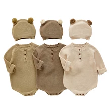 Baby Children Knitted Bodysuits for Autumn Long Sleeve Classic Style Rompers with Hat Girls Boys Wiinter Clothes