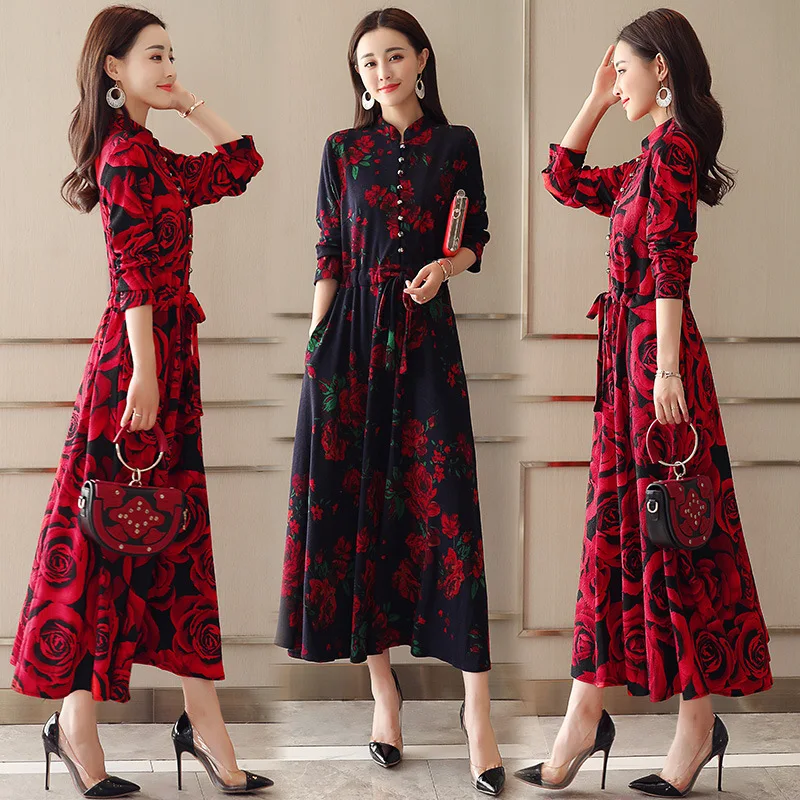 

2018 New Style Women's Spring Floral Dress Retro CHIC Chinese-style Ethnic-Style Printed Swinging Skirt Large Size