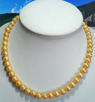 

Wholesale FREE SHIPPING 9-10mm south sea baroque yellow pearl necklace 18" 925Silver