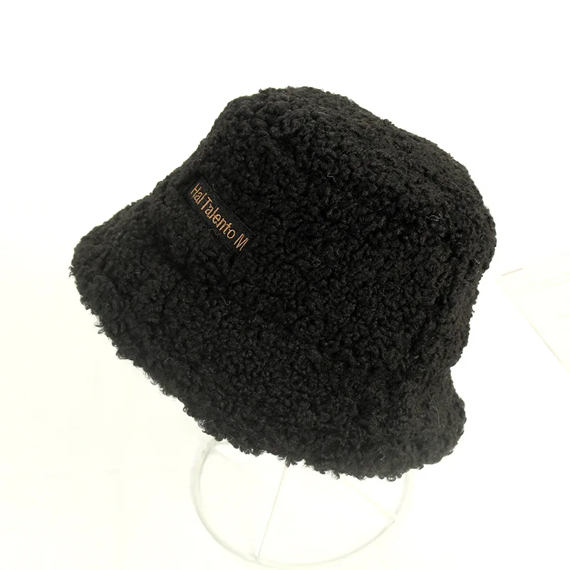Winter lady fisherman hat wool letter patch thick hat solid color warm plush basin cap outdoor hat