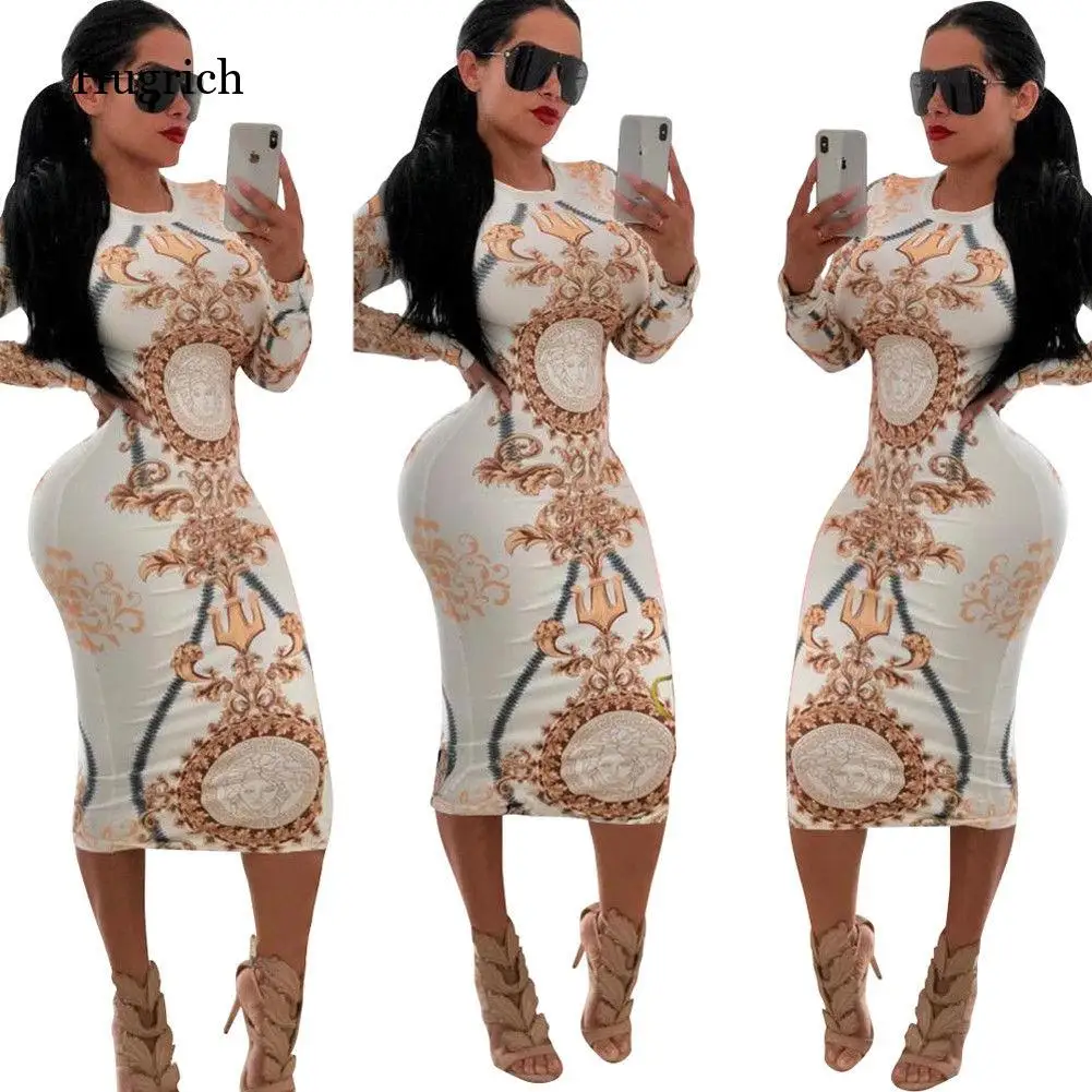 

Women Casual O-Neck Print Long Sleeve Bodycon Party Long Golden Ladies Sexy Striped Clubwear Dreses