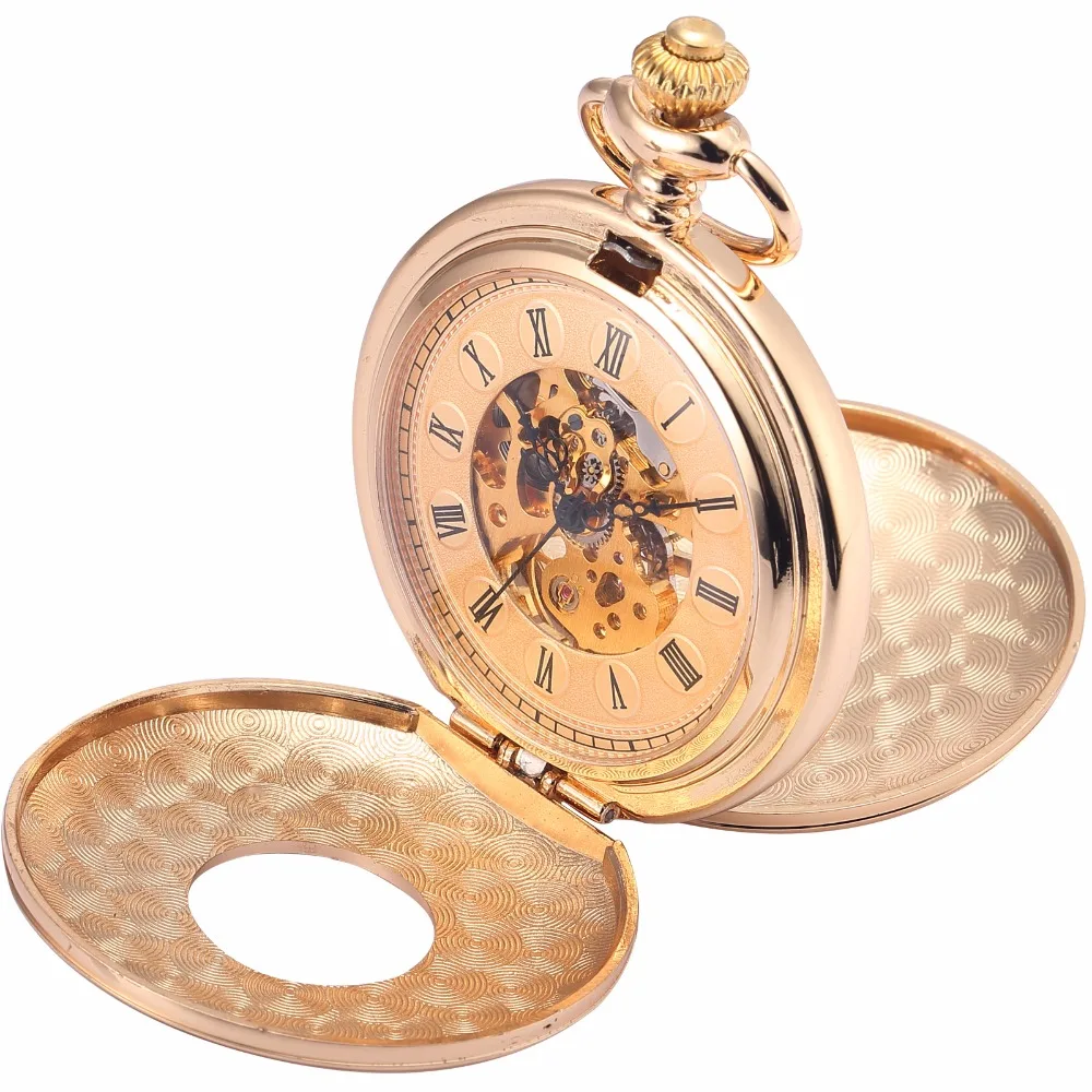 

KS NEW Steampunk Skeleton Golden Roman Numeral Double Hunter Mechanical Hand Winding Men Pendant Pocket Watch Chain Jewelry