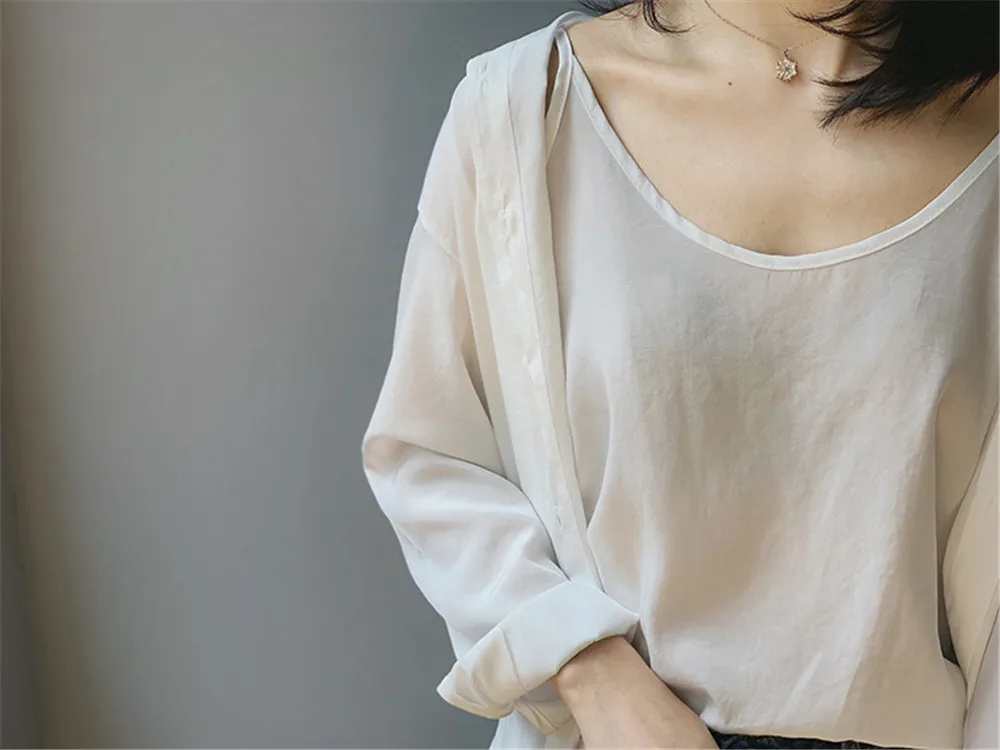 High quality 2pcs Women Blouse Shirt 2020 Summer Solid All match Satin Blouses Shirts Femal Blouse+halter tops Z1082 (29)