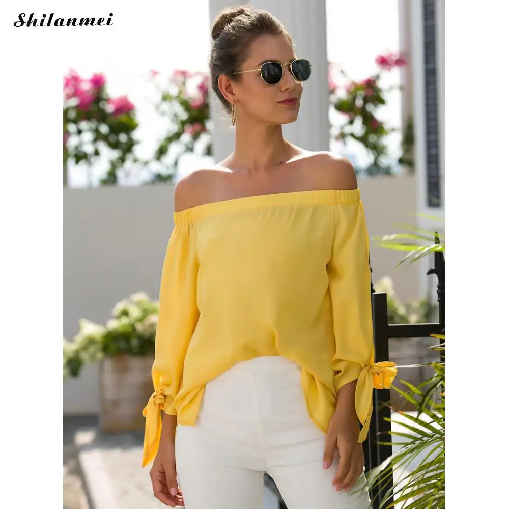 Blusas amarillas con hombros descubiertos para Mujer, holgados a la moda, camisas de manga para primavera y otoño, Sexy para Mujer 2019 - AliExpress Ropa de mujer