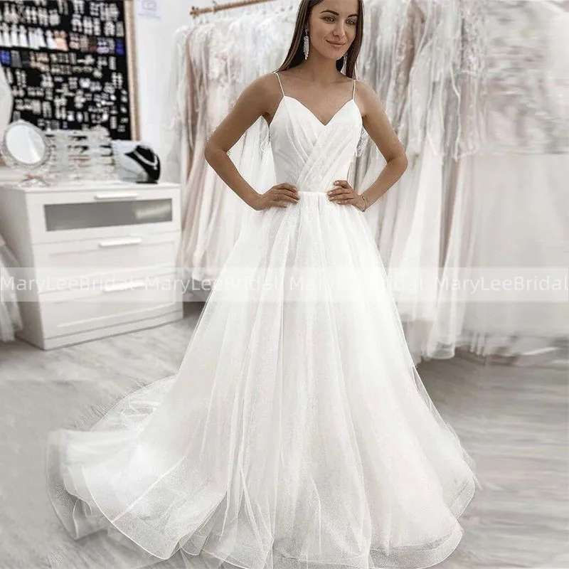 

Shiny Beach Wedding Dresses Boho V-Neck Spaghetti Strap A-Line Glitter Bling Bling Summer Wedding Bridal Gowns suknia slubna