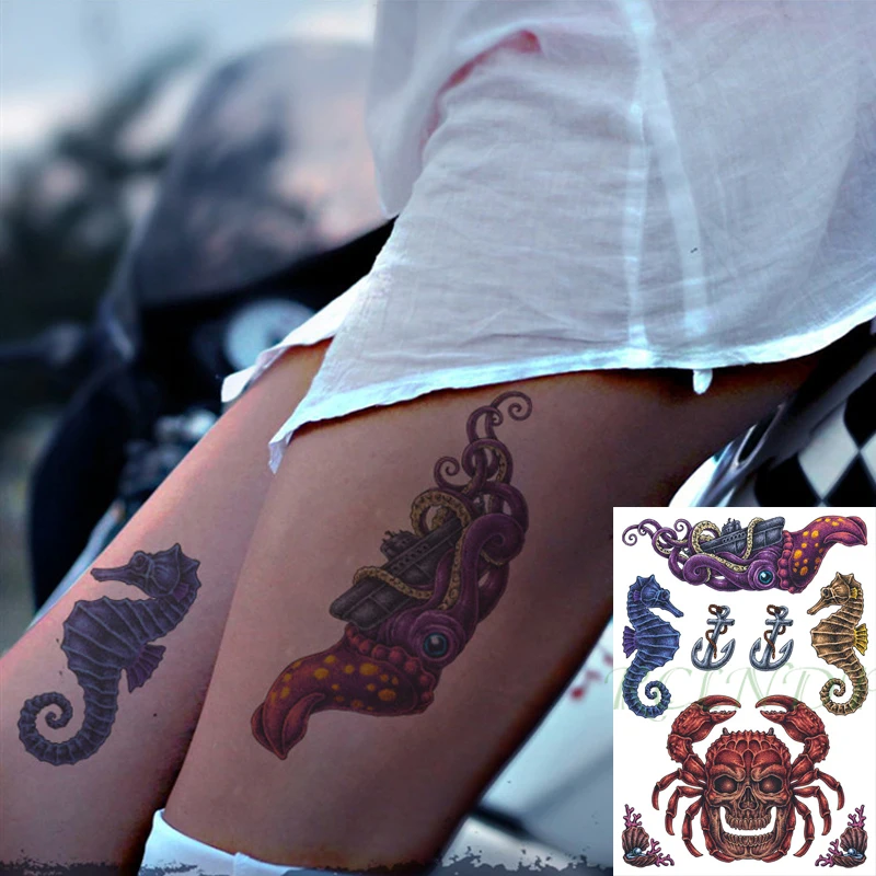 Waterproof Temporary Tattoo Sticker Octopus Boat Seahorse Skull Crab Anchor Shell Flash Tatoo Fake Tatto Art for Men Women | Красота и