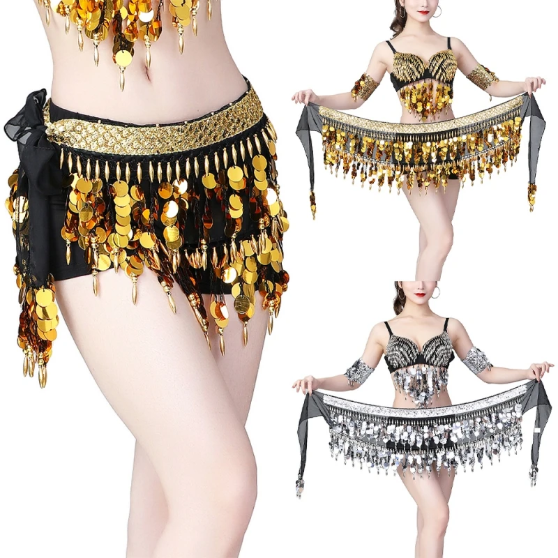

Women Belly Dance Sequins Scarf Bling Waist Chain Belt Hip Scarf Tassel Sequins Costume Ladies Stage Costume Dancing Wear