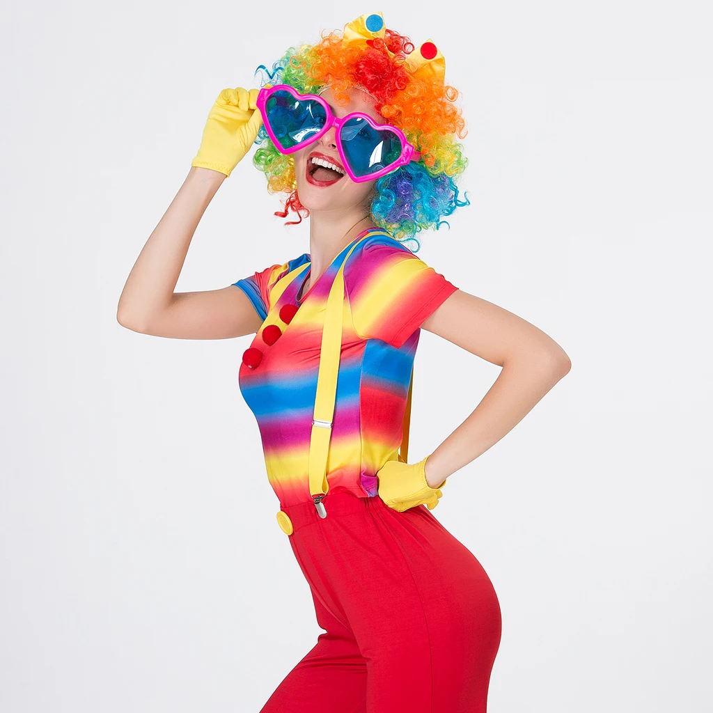 Funny Women Circus Clown Costume Jester Wig Pants Shirt Fancy Dress Outfit