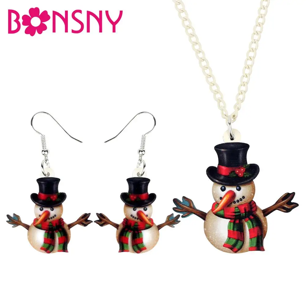 Bonsny акриловые рождественские шляпы снеговик с шарфом комплект ювелирных изделий