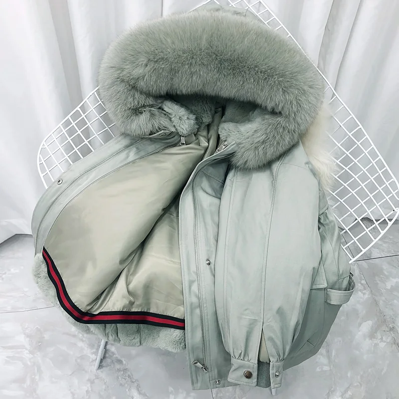 

2019 New Style Women's Winter Jacket Female Rex Rabbit Liner Coat Women Detachable Fox Fur Collar Real Fur Hooded Loose Parka