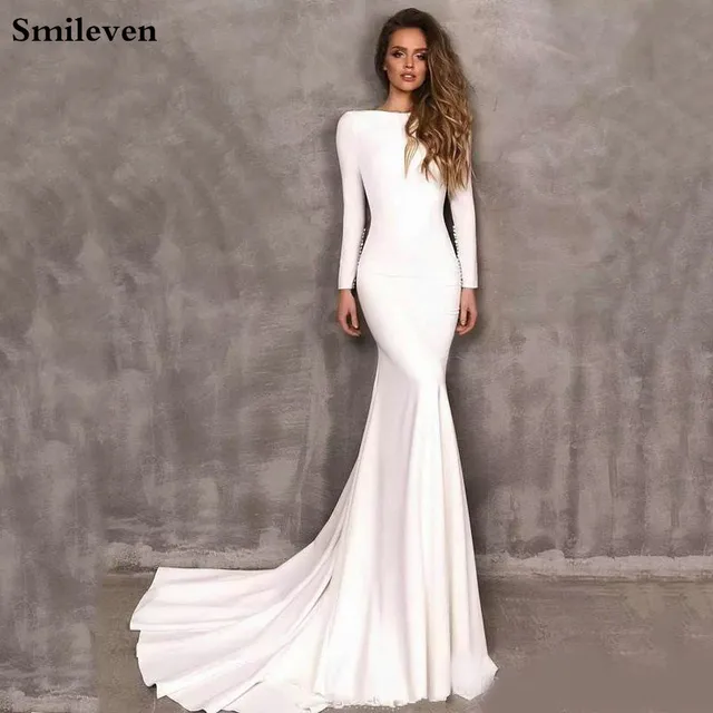 Smileven Mermaid Wedding Dresses Long Sleeve Elegant Boho Satin Bride Dress Wedding Gowns 2020 Vestido De Noiva 1