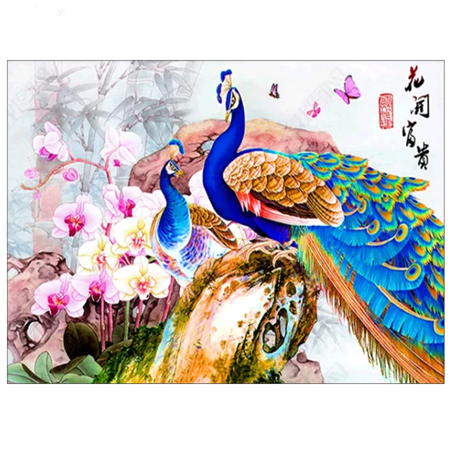 Алмазная вышивка с круглыми камнями в форме павлина полноразмерная 5D стразы