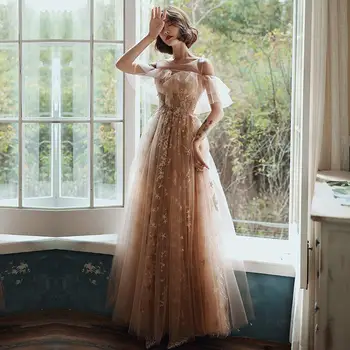 

2020 New Arrival Formal Evening Dresses O-neck Bling Bling Stars Floor Length Tulle Short Sleeve Simple A-line Party Prom Dress