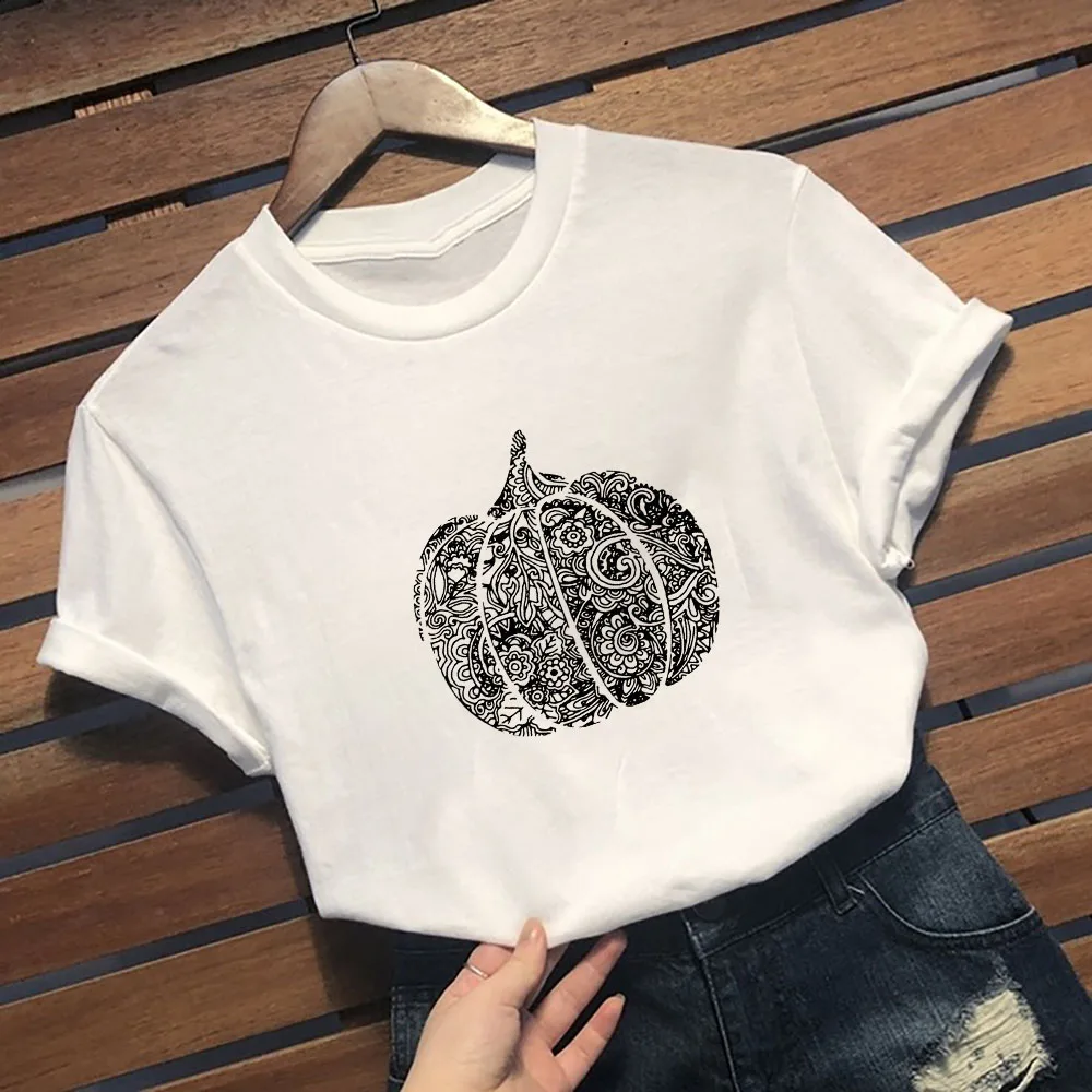 

2QIMU Women Halloween Pumpkin Print Tshirts White Oversize Female Short Sleeve Casual T-Shirt Graphic Tee Plus Size 4XL 5XL New