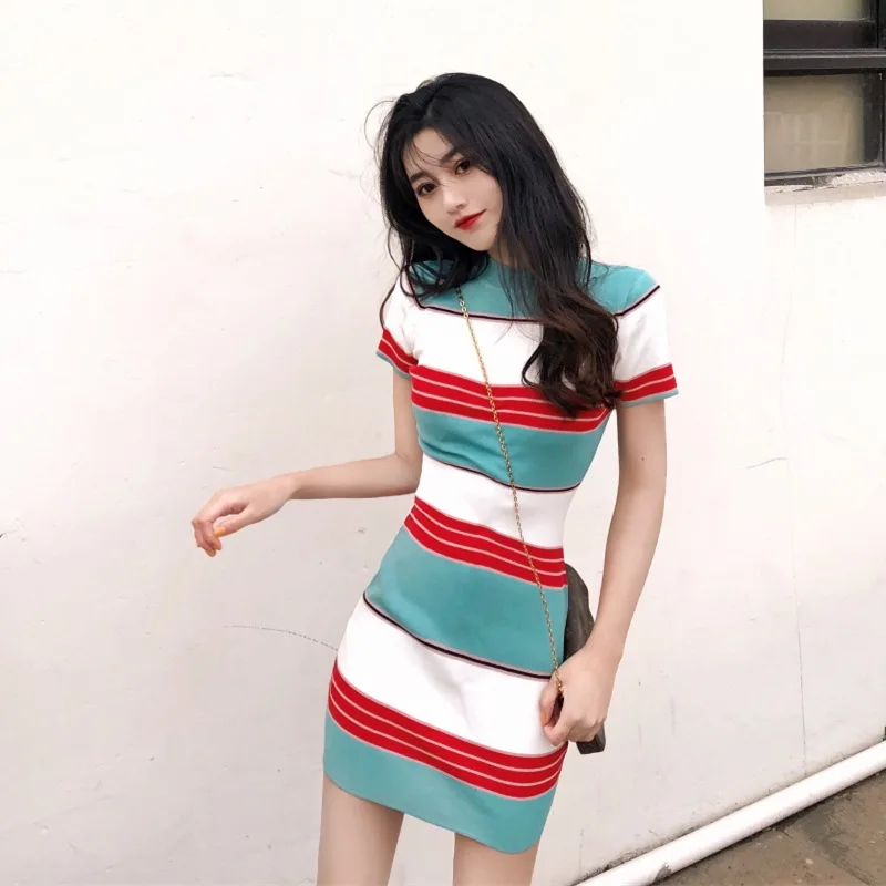 Stripe Knitted Dress Spring Summer Short Sleeve Color Knitted O Neck Vestido Slim Women Fashion Dresses Casual Wear