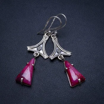 

Natural Cherry Ruby Handmade Unique 925 Sterling Silver Earrings 2" T4653