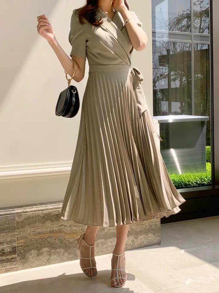 Korean Short Sleeve Pleated Women Dress Office Ladies Lace Up Notched Blazer Dress Adjustable waist Midi Dress 2020 Summer New