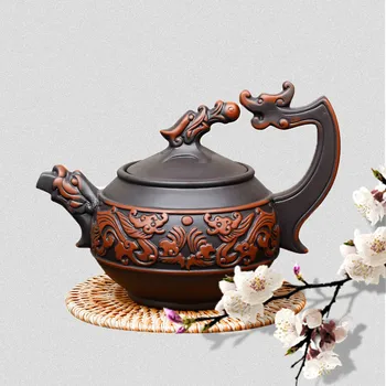 

Chinese traditional teapot Shuanglongxizhu, handmade Zisha teapot 350ml red clay antique teapot ceramic mixed color kettle MJ820