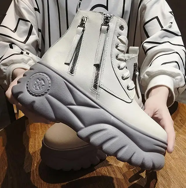 Women Ankle Boots Platforms Shoes Woman 7CM High Heels Thick Bottom Zipper Boots High Top Sneakers 34-39