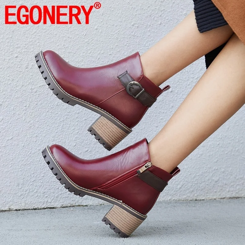 

EGONERY 2019 winter new concise casual ankle boots outside mid heels platform zip round toe women shoes drop shipping size 32-43