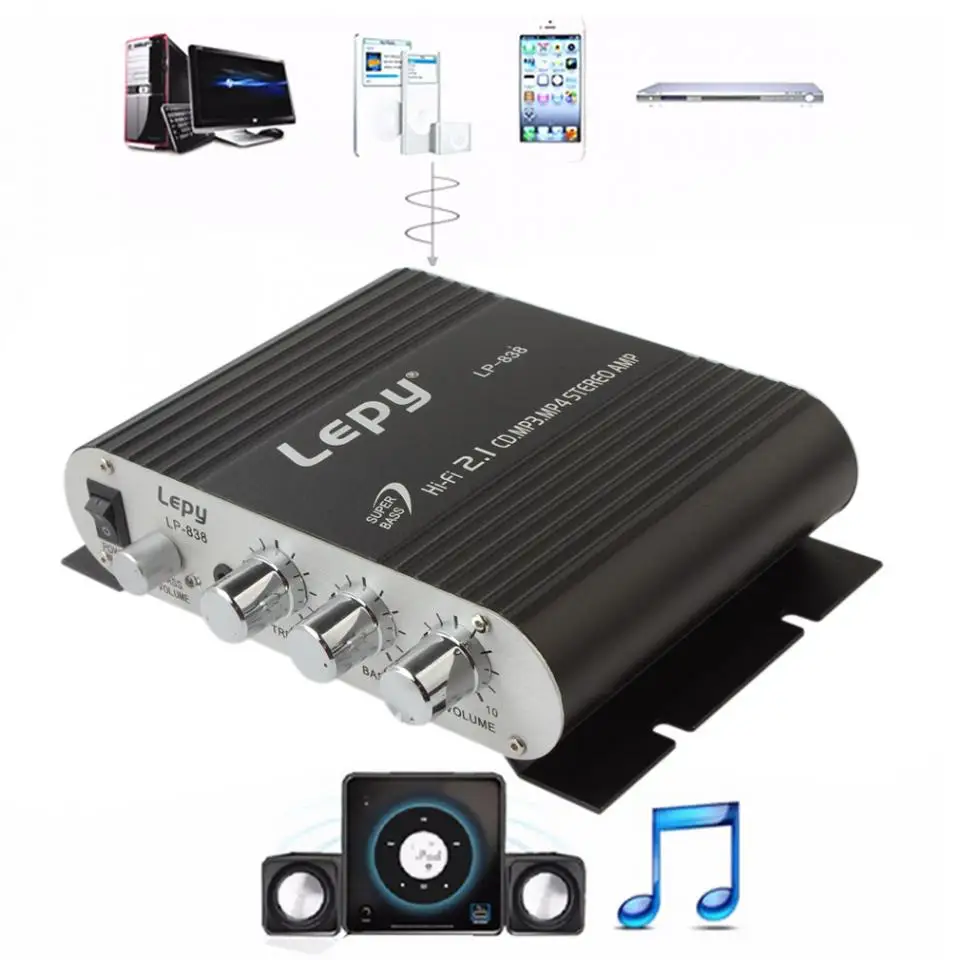 Online Lepy LP 838 amplificador de coche de potencia Hi Fi 2,1 MP3 Radio Audio estéreo bajo altavoz Booster Player para moto hogar sin enchufe de alimentación