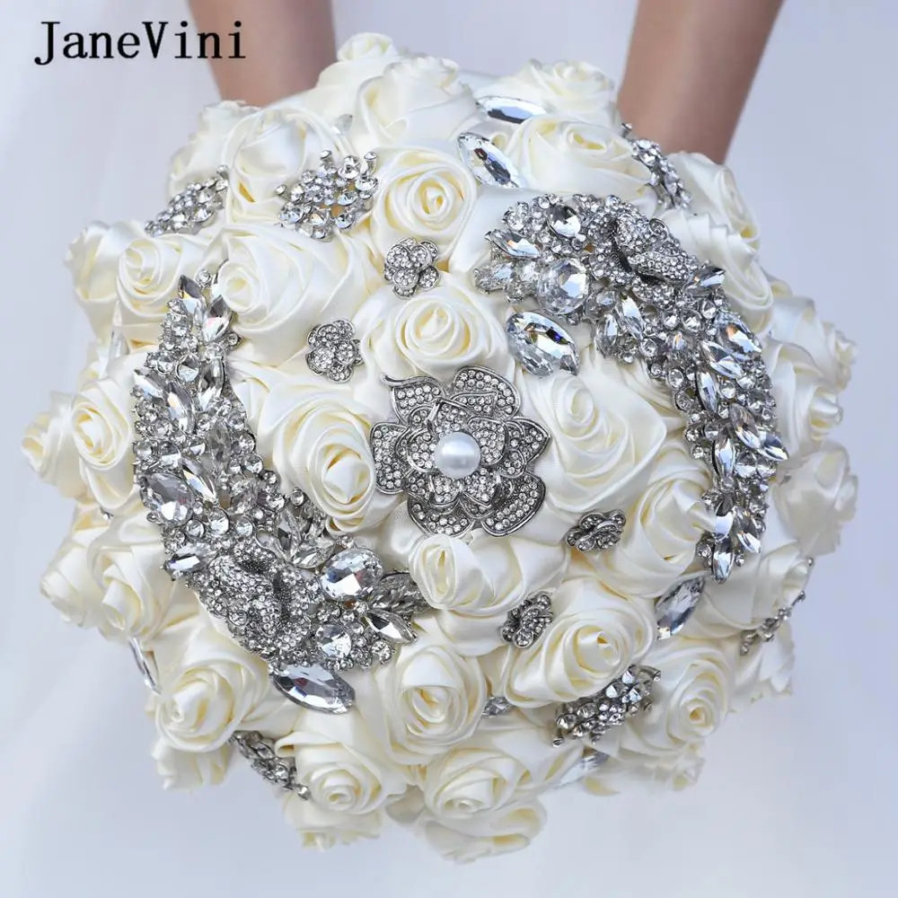 

JaneVini 2020 Elegant Ivory Wedding Flowers Bridal Bouquets Crystals Artificial Satin Roses Wedding Brooch Bouquet Accessories