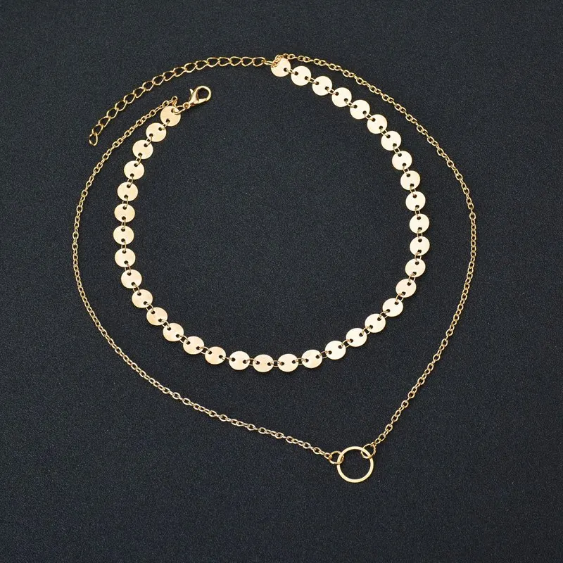 VOHE Модный золотой цвет нежная монета ручная связанная цепочка маленькие блестки многослойное колье изящный воротник ожерелье для женщин