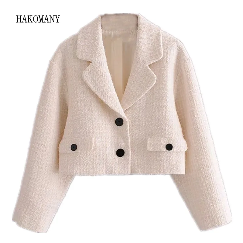 2020 Notched Soft Woolen Tweed Blazer Cropped Vintage Women Black Buttons Beige Long sleeve Short Suit Loose Short Coat