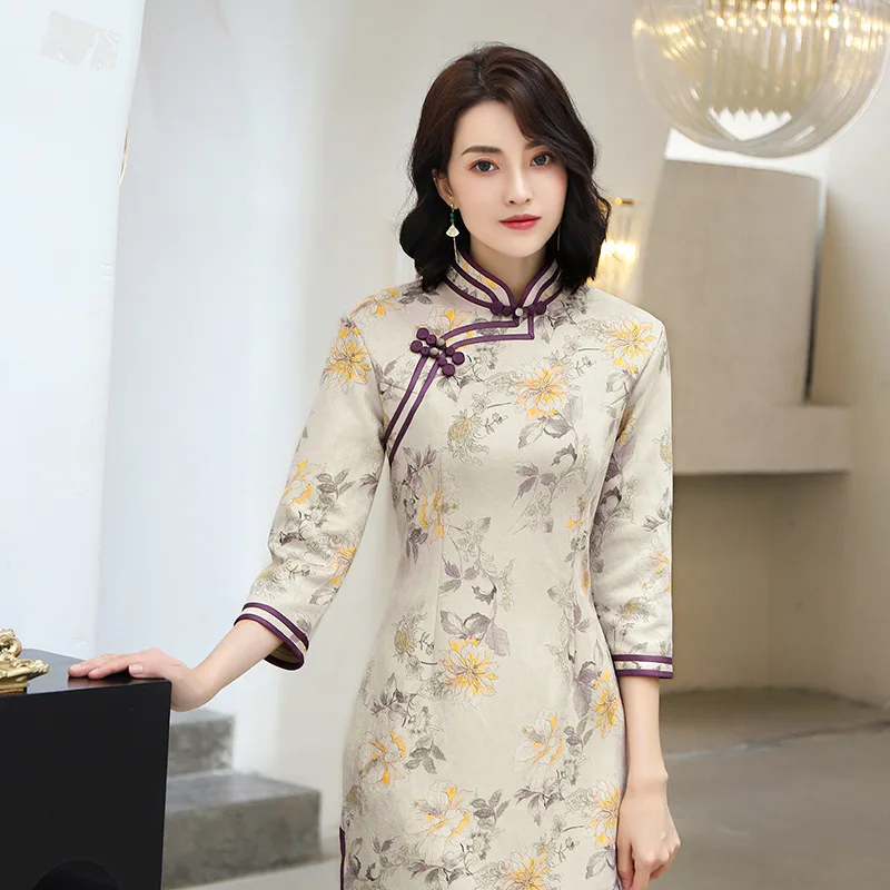 Осеннее платье до колена Cheongsam винтажное китайское платье с воротником-стойкой женское Замшевое платье Qipao тонкое вечернее платье Vestido M-4XL