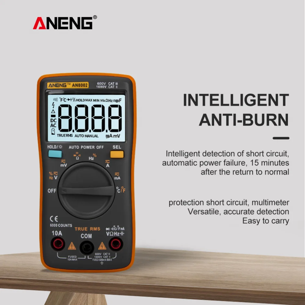 AN8002 Digital Multimeter 6000 Counts Backlight AC/DC Ammeter Voltmeter Ohm Alligator Clip Jumper Wire Test Lead