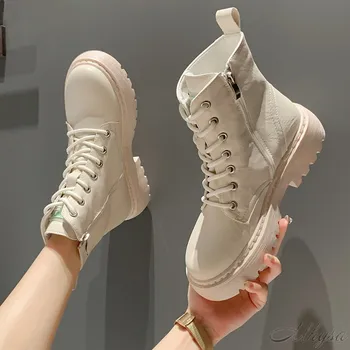 melhor 2020 Botas De Tornozelo De Couro Macio Mulheres Plataforma Da Motocicleta Botas Femininas Outono Inverno Botas Casuais Mulher Goth Curto Botas Mujer