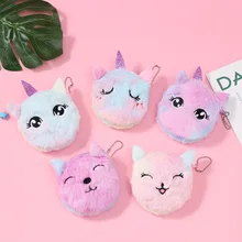 

1pc Soft Plush Cartoon Unicorn Women Coin Purse Mini Cute Oval Zipper Children Girl Coin Wallet Card USB Cable Bag Key Wallet