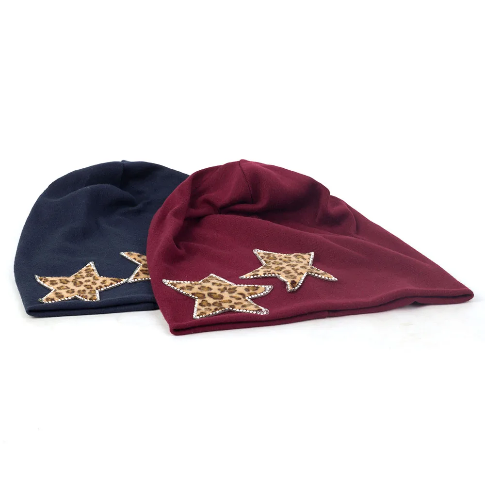 Geebro зимние леопардовые звезды Стразы Skullies Beanies для женщин женские хлопковые эластичные мешковатые однотонные Шляпы Береты-кепки DT950