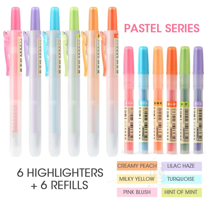 12pcs Pack Pastel Andstal уникальный пастельный/Флуоресцентный/мягкий/Ретро выдвижной маркер 6/12 шт флуоресцентный цвет для школы маркер канцелярские принадлежности офис - Цвет: 12pcs Pack Pastel