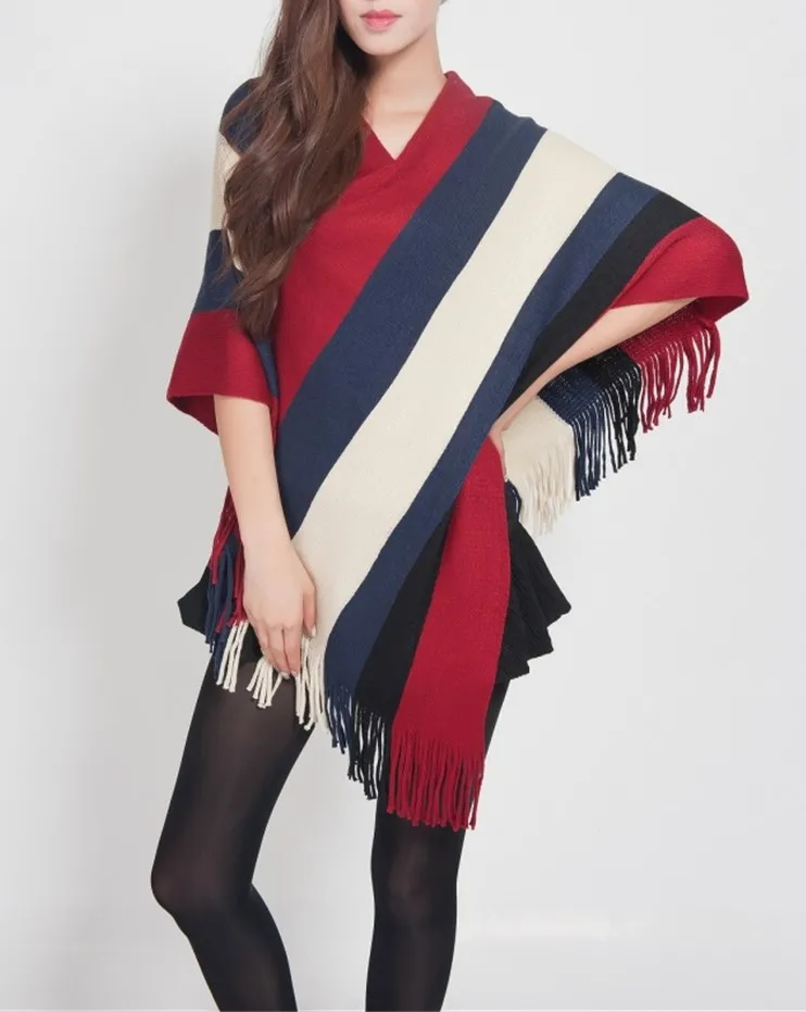 Модный Полосатый плащ с бахромой шаль вязаный свитер Свободные Blusas De Inverno Feminina