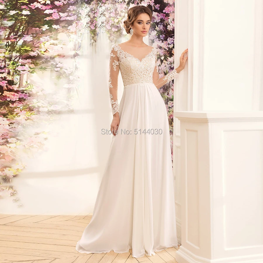 Трапециевидной формы одежда с длинным рукавом Свадебные платья Vestido De Noiva V образным вырезом кружевное, шифоновое, Пляжное свадебное платье