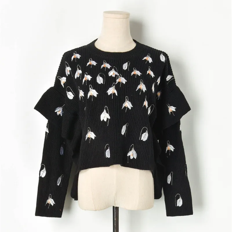 

Luxury Brand Designer Knitted Sweater for Women Embroidered Flowers Front short Back Long Ruffles Knitted Sweater Pullover
