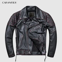 CARANFIER Мужская диагональная на молнии зауженный мотоциклетная кожаная куртка плюс размер 4XL Натуральная Воловья кожа весеннее байкерское кожаное пальто