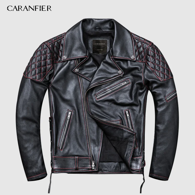 Мужская мотоциклетная кожаная куртка CARANFIER 2019 облегающая с Диагональной молнией
