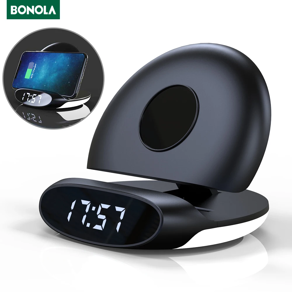 Bonola 15W Qi Alarm Clock Wireless Charger for apple iPhone 12 11 XS XR 8 Plus Portable Charge for Apple Watch 6 5/Airpods 2/Pro