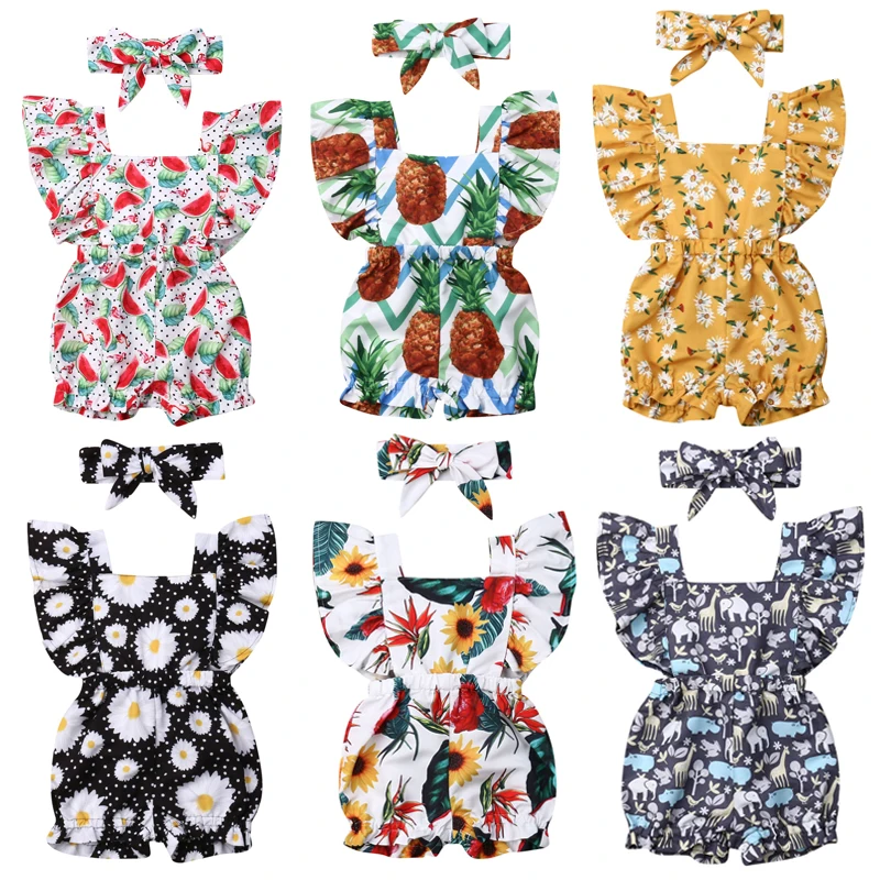 

0-3Y Kids Baby Girl Fly Sleeve Backless Print Baby Romper Jumpsuit Headband 2PCS Summer Clothes