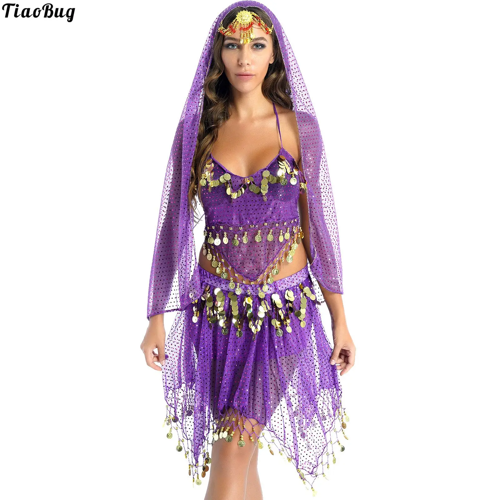 

Women Sparkling Sequin Tassels Outfits Belly Dance Performance Costume Halter Padded Bra Crop Top With Skirt Veil Headwear