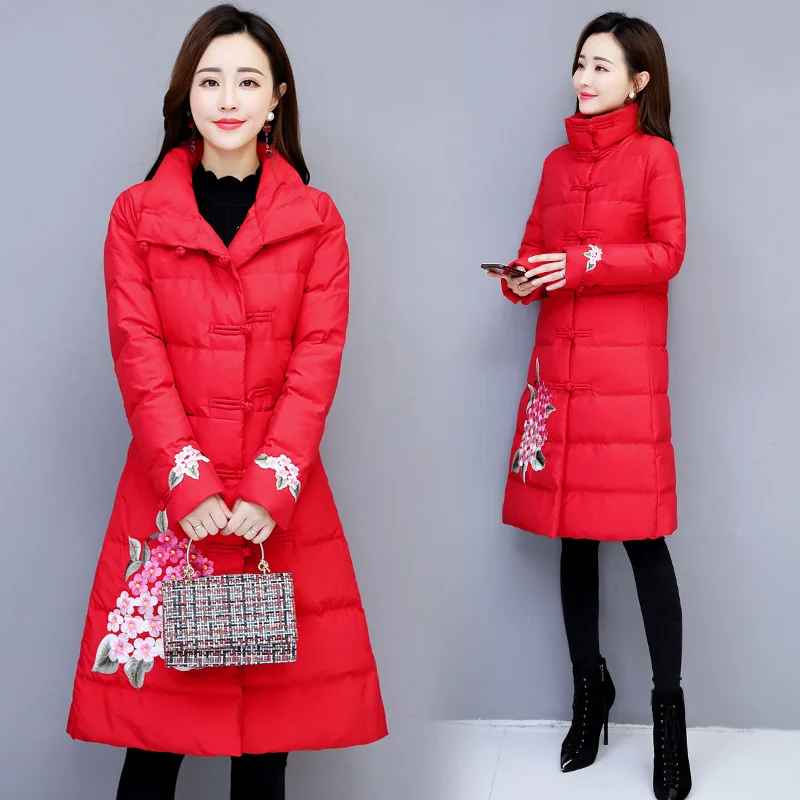 

Embroidered Cotton Coat Women's Chinese-style 2019 New Style Slim Fit National Wind Retro Cotton-padded Clothes Women's Mid-leng