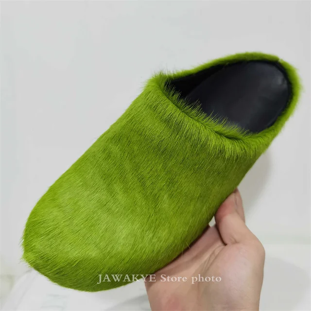 Hot Sale Green Rose Pink Hairy fur Slippers Woman Winter Home Luxury flat  Shoes Real Horse hair Casual Vacation loafers Shoes - AliExpress