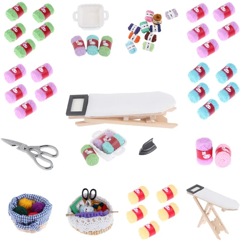 1:12 Dollhouse Miniature Wool Yarn Ball Needle Balls Wool Knitting Tool Basket Ironing Board Scene Set Dollhouse Home Decor