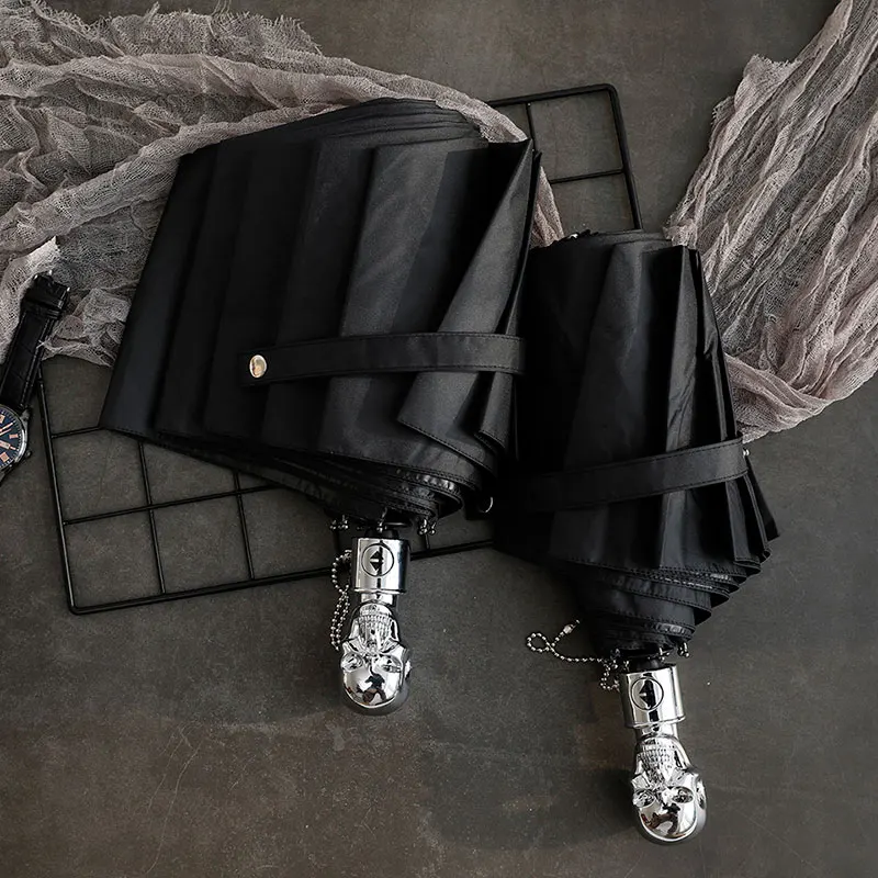 

Creative Black Skull Umbrella Men High Quality Vintage Automatic Three Folding Windproof Reinforce Bones for Cool Girls