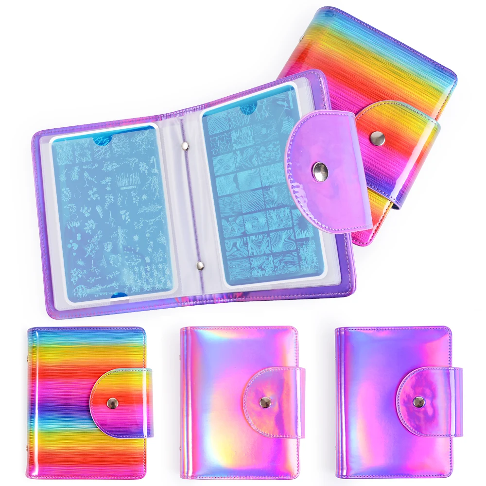 Günstige 20Slots Holographische Stanzen Platte Fall Lila Rosa Bunte Rechteck Nail art Platte Veranstalter Halter Tasche